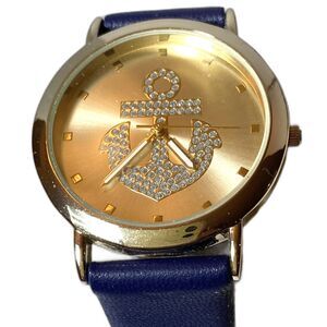 Nautical Gold Face Crystal Jewel-Studded Anchor Decor Blue Band BRAND NEW